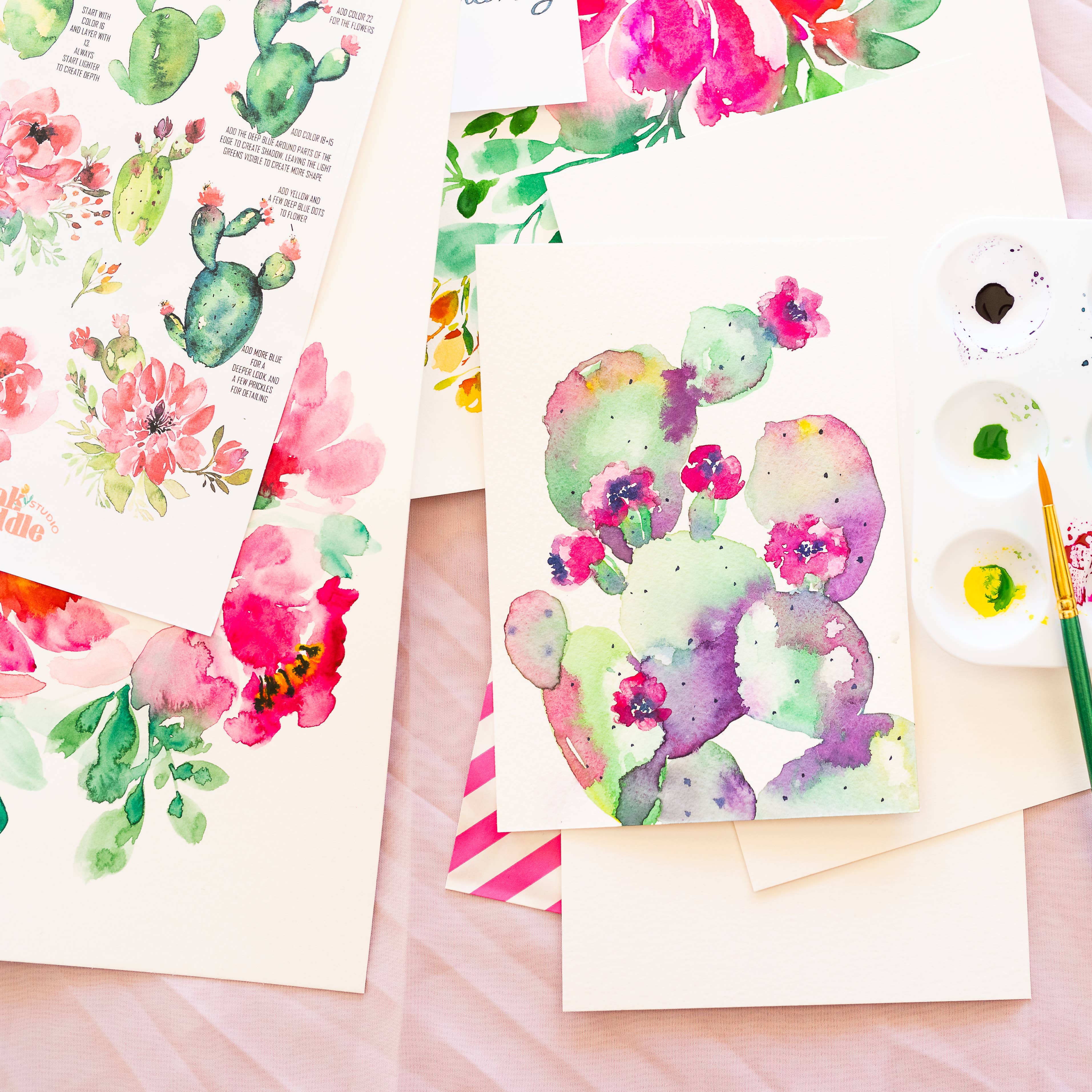 Pink Puddle Studio - Wholesale DIY Craft Kit - Prickly Pear Cactus & Peony Flowers Watercolor DIY Paint Kit5