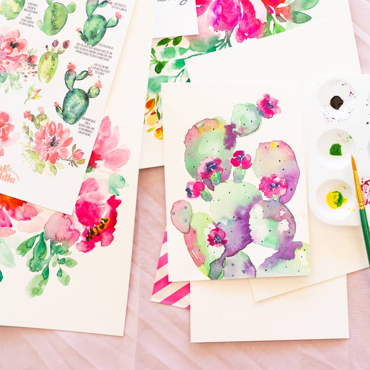 Pink Puddle Studio - Wholesale DIY Craft Kit - Prickly Pear Cactus & Peony Flowers Watercolor DIY Paint Kit5