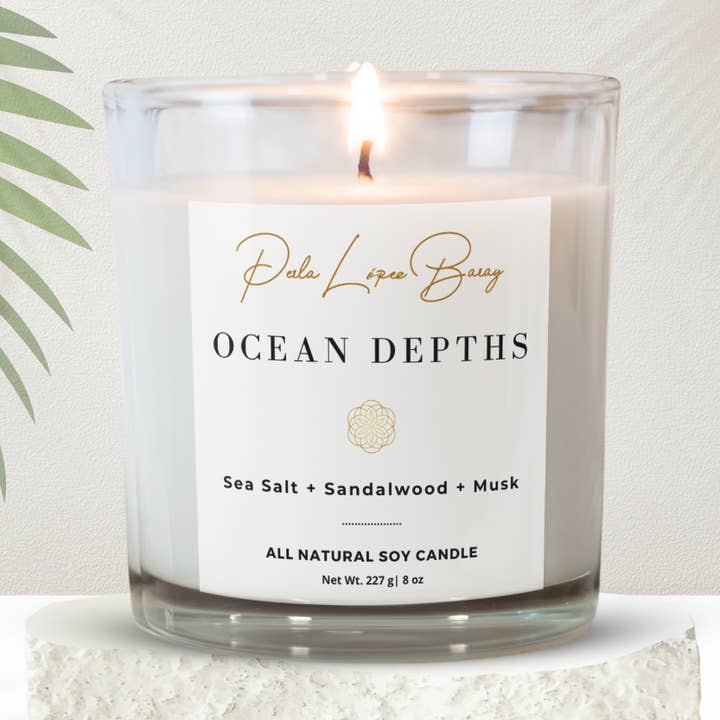 Candele di soia completamente naturali Profondità oceaniche | Barattolo di vetro trasparente da 10 oz per la vendita all'ingrosso da parte di Perla López Baray