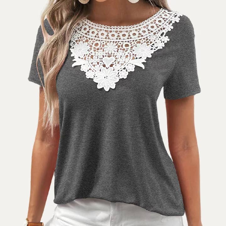 The Moment Collection - Vente Haut en maille – femme - Haut à manches courtes extensible chic en crochet décontracté1