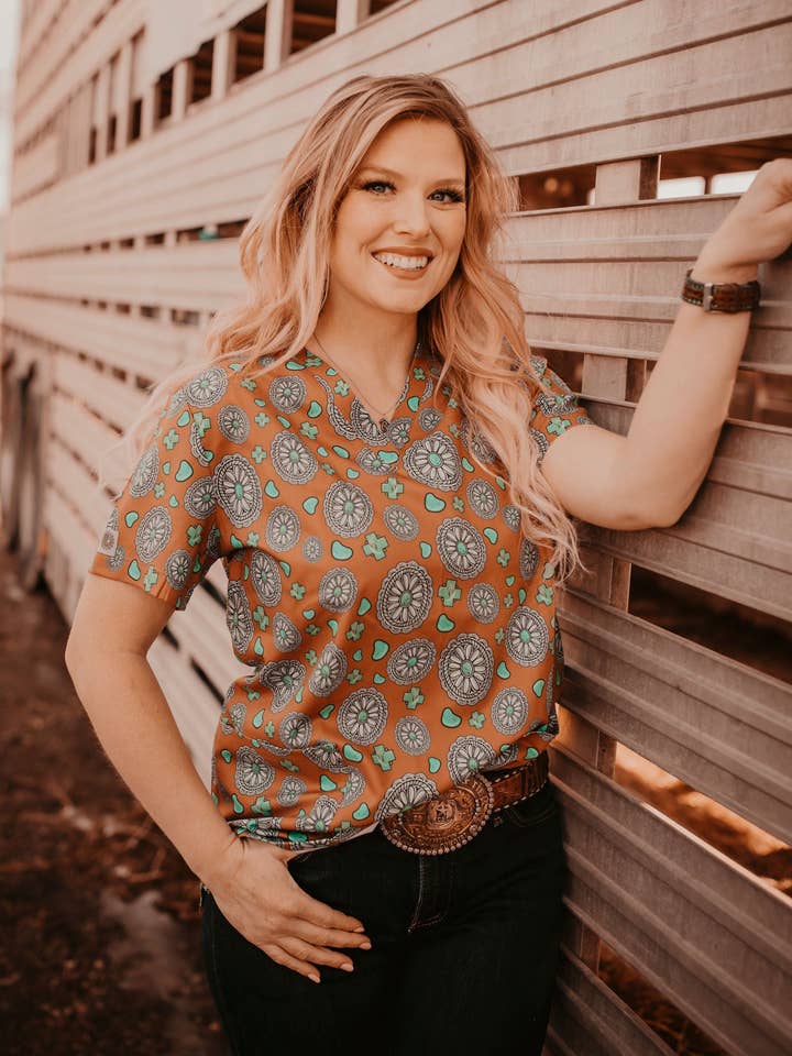 Turquoise Stone Scrub Top for wholesale by Spurrin' Scrubs