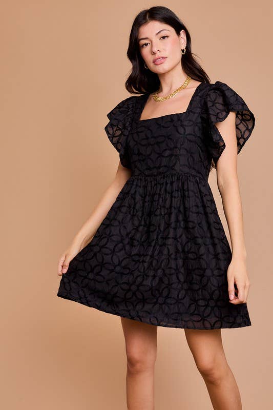 Black SQUARE NECK RUFFLE SLEEVE MINI DRESS for wholesale on Faire1