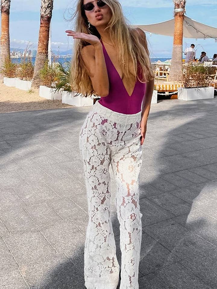 WHITE CWBLP1938_JACQUARD LACE FLORAL HOLLOW FLARE PANTS for wholesale on Faire3