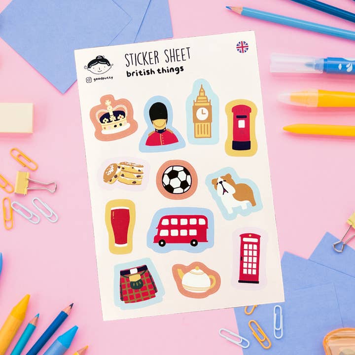 Feuilles d'autocollants britanniques – Dessinées à la main et fantaisistes pour la vente par Goodputty