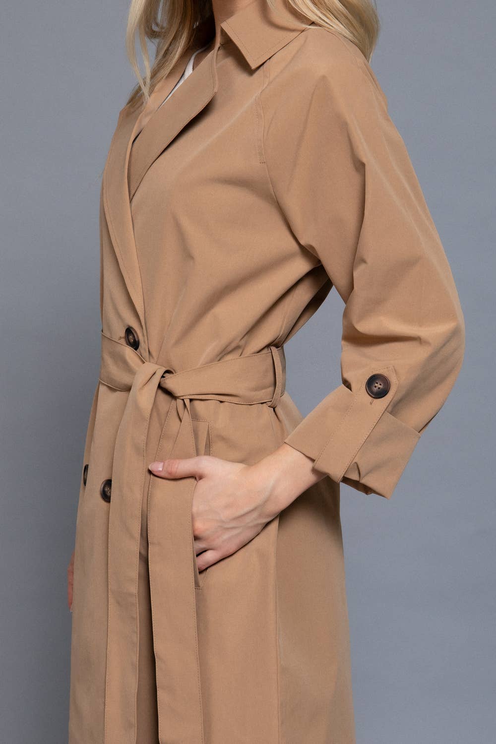 Active Basic | Active USA - Wholesale Trench Coat - Women's - Long Sleeve V-Neck Lapel Collar Trench Coat with Belt10
