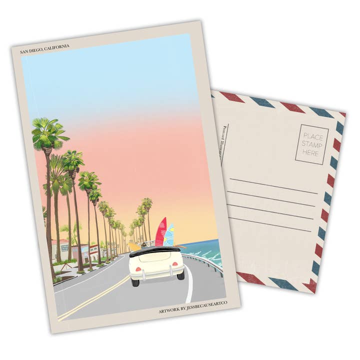 Beach Drive: cartolina retrò di San Diego per la vendita all'ingrosso da parte di JessBecauseArtCo