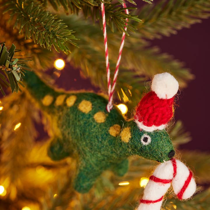 Namaste - Wholesale Christmas decoration - Felt Dinosaur with Cane Decoration0