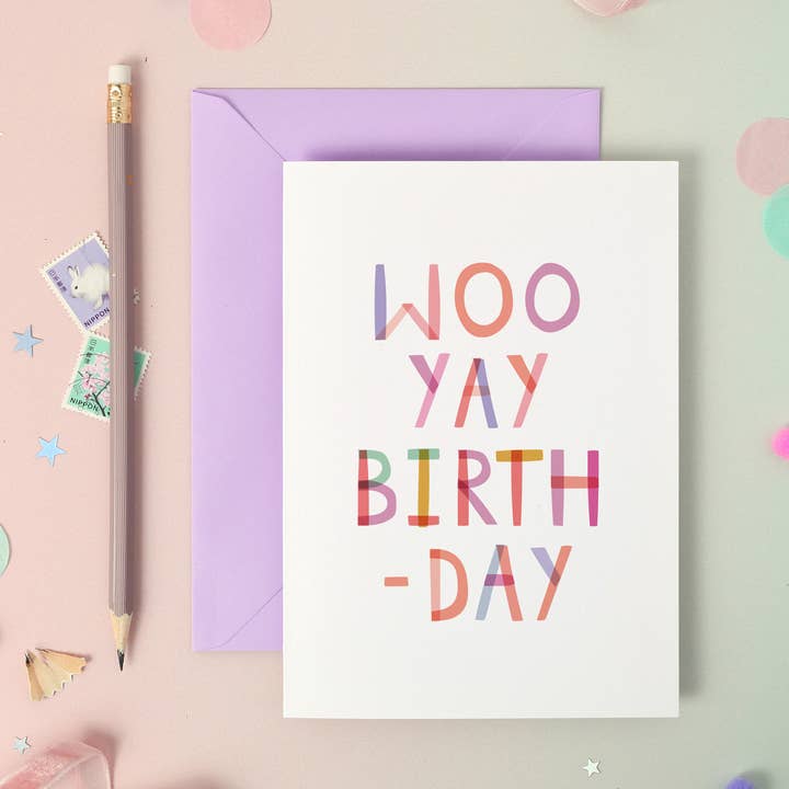 Woo Yay Birthday — Cartão Arco-Íris Folhado de Aniversário de Luxo por atacado de Two For Joy Illustration