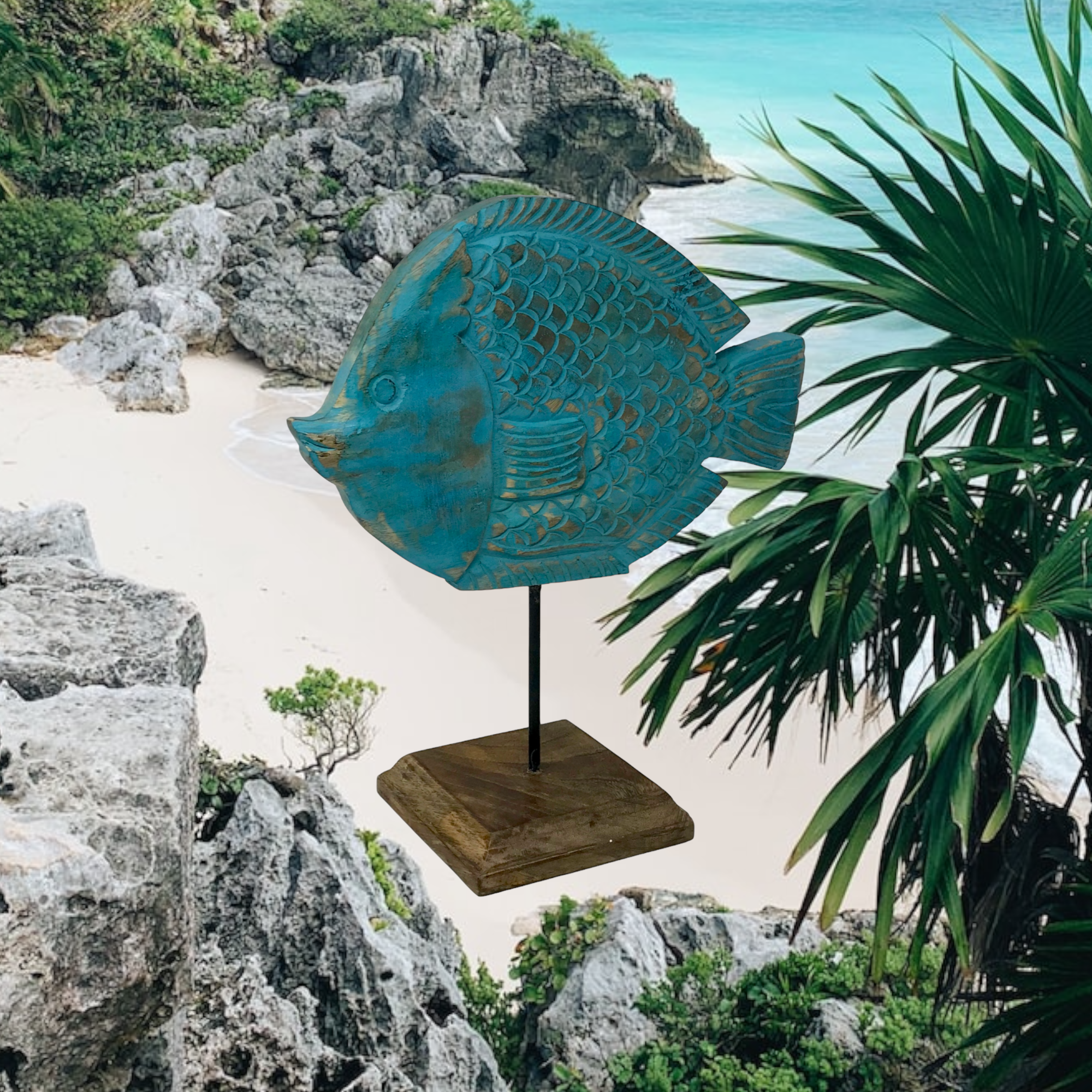 Wilco Home - Vente Sculpture - Sculpture en bois sculptée à la main de Polly Puffer Fish « Fish Tales »2