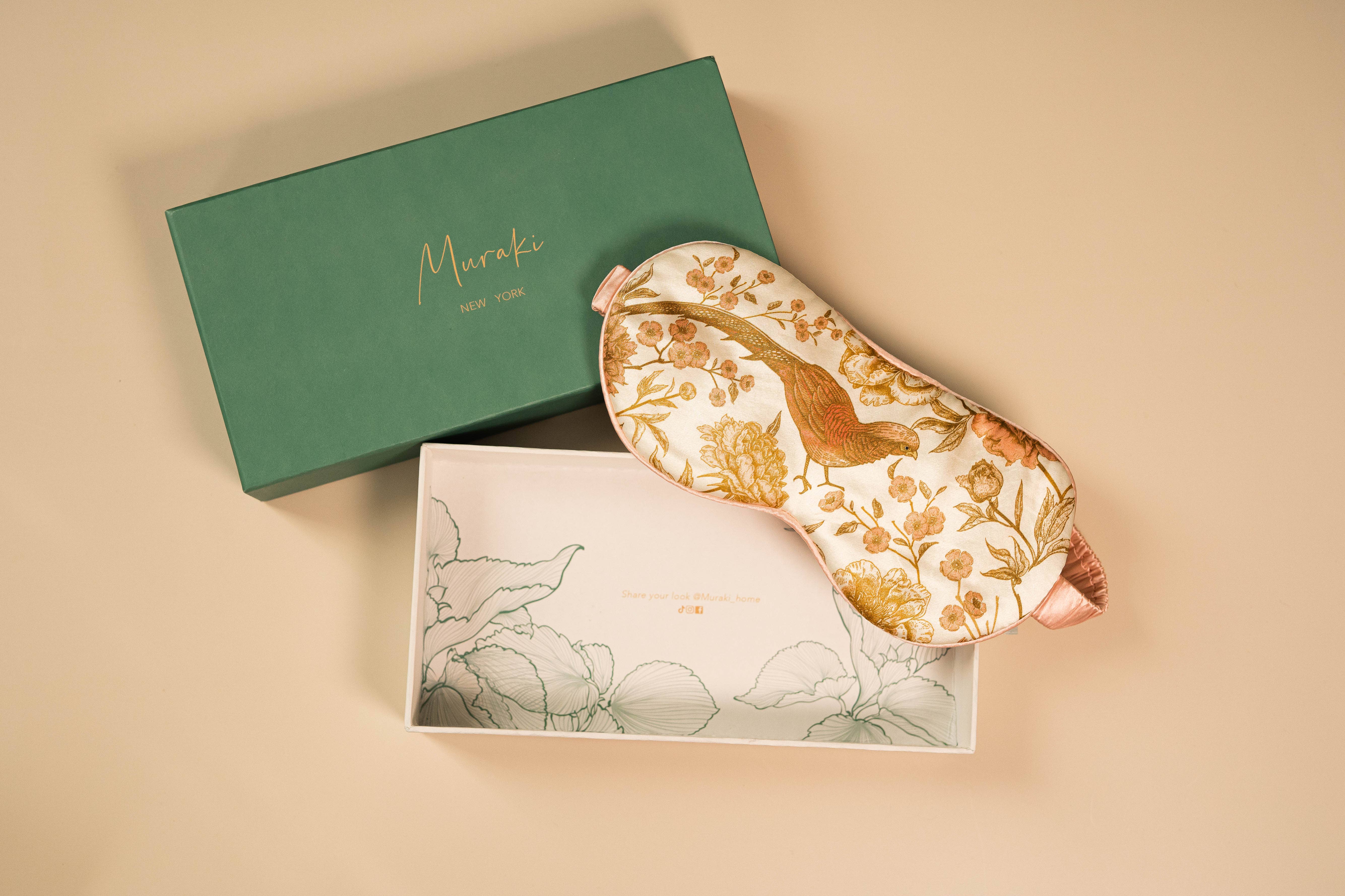 Muraki - Wholesale Sleep/Eye Mask - Pearl Pink Bird Printed Silk Eye Mask5