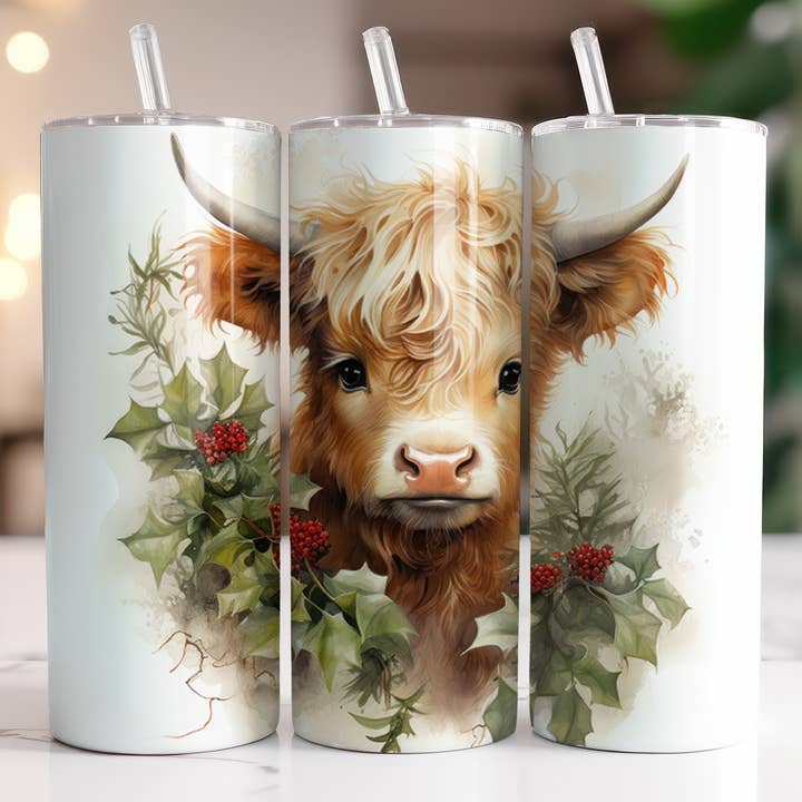 Christmas Baby Highland Cow 20oz Skinny Tumbler for wholesale by Dogwood Graphics & Design