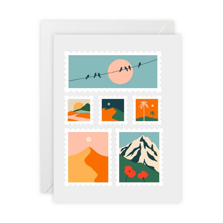 Cartão de Saudação com Colagem de Selos de Viagem – Cartão de Saudação Abstrato - Ilustrado, Bonito, Moderno por atacado de Donkey Laserbeam