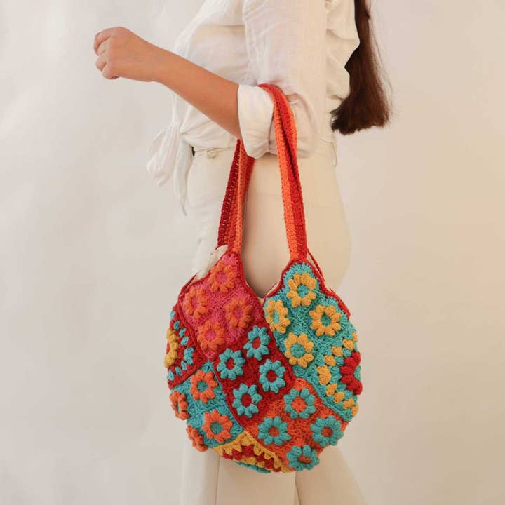 Handmade Crochet Multicolour Floral Tote Bag for wholesale by Zwende