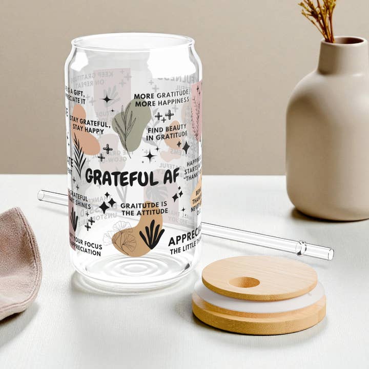 Grateful AF Motivational Sipper Glass Tumbler Gift; 16oz for wholesale by EMESLY