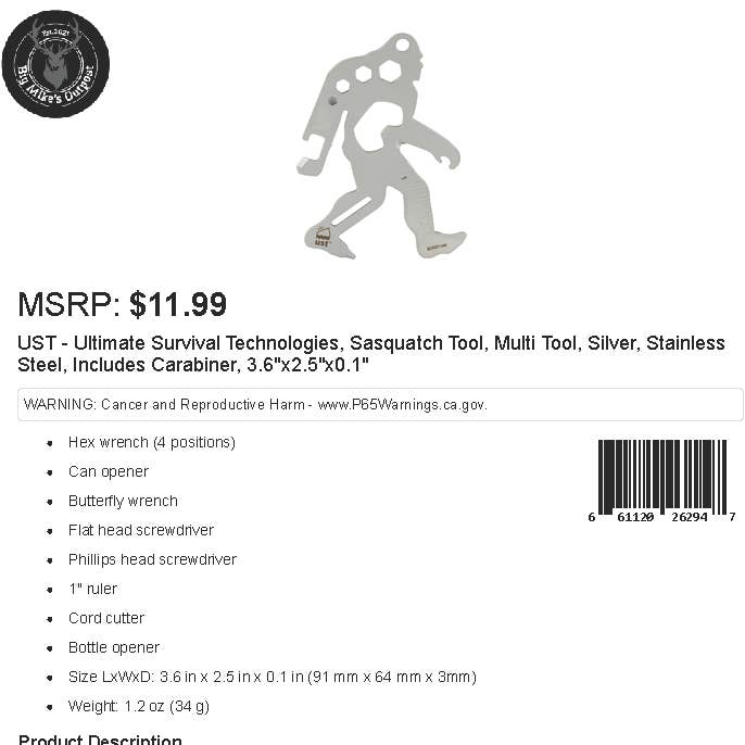 Big Mike's Outpost LLC - Wholesale Handy Tool - UST - Ultimate Survival Technologies, Sasquatch Tool, Multi