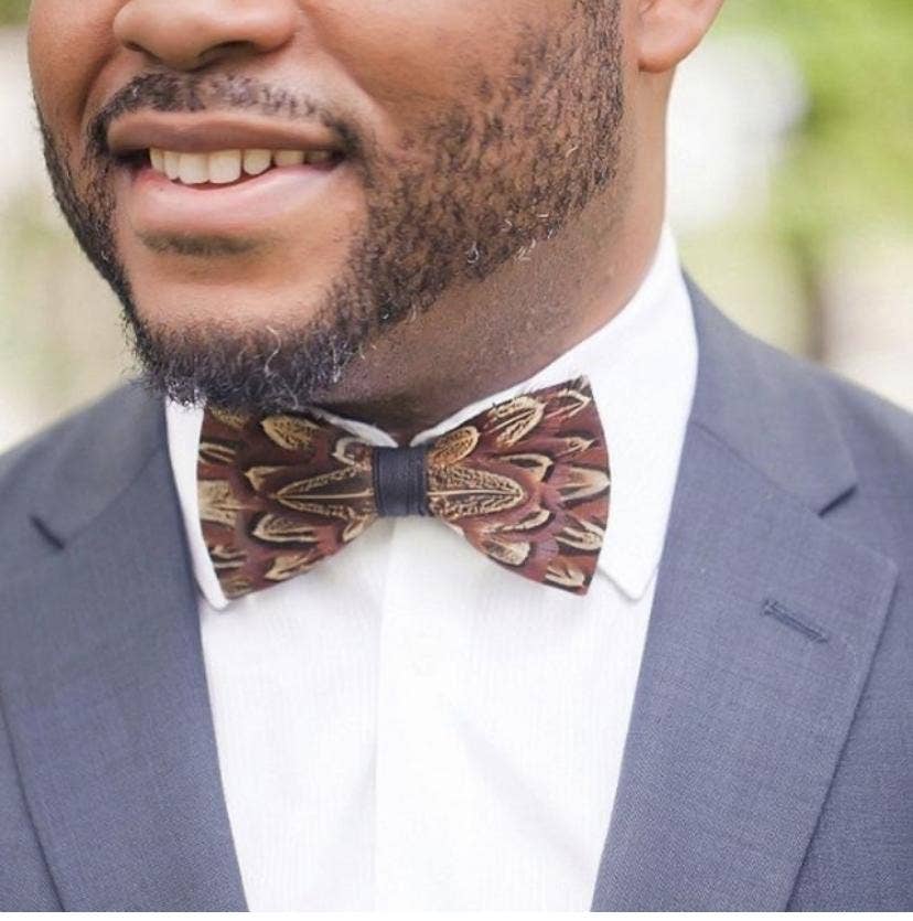 TYED BY DEDE - Wholesale Bow Tie - Men's - Handmade Brown Feather Bow Tie W/free Lapel Pin Set2
