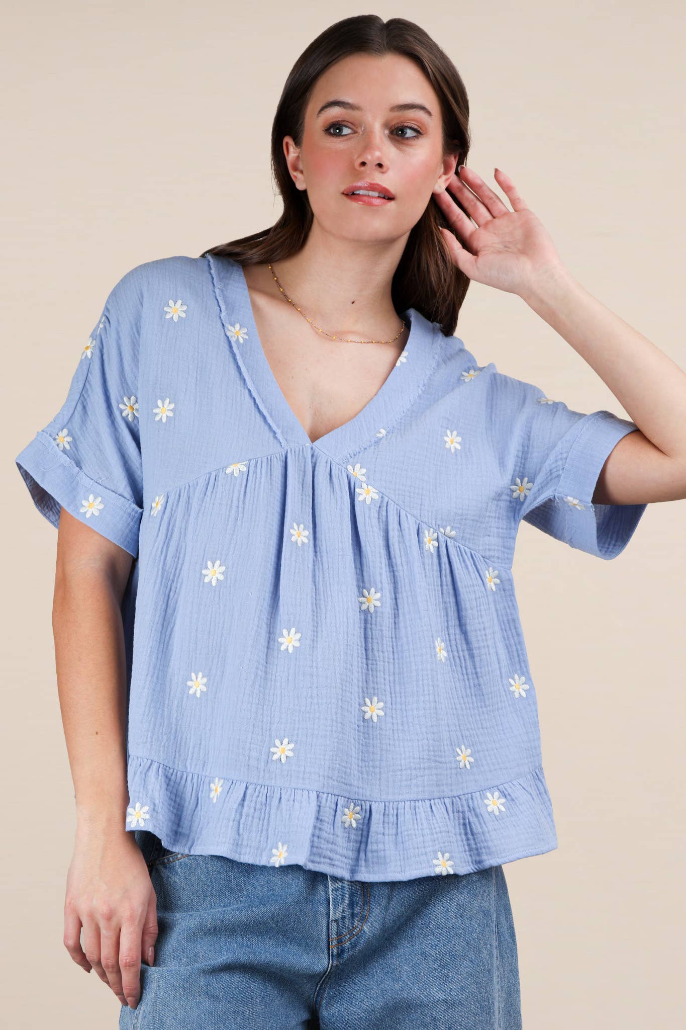 VERY J - Wholesale Blouse - Women's - NT12065-Flower Embroidered Woven Blouse Top1