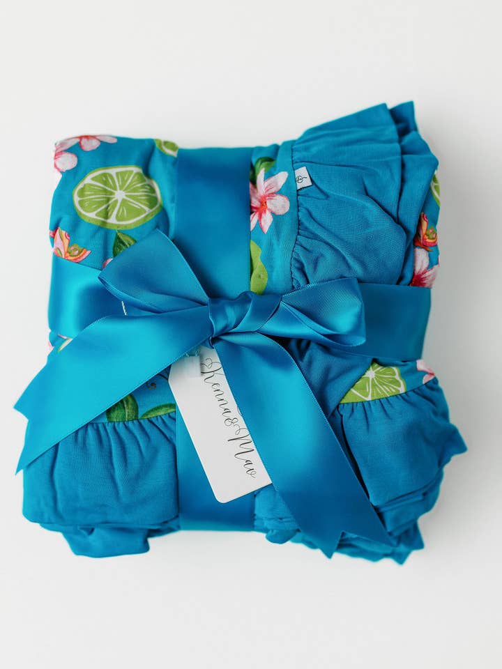 Flower and Lime Ruffle Bamboo Blanket for wholesale by Kenna & Mav