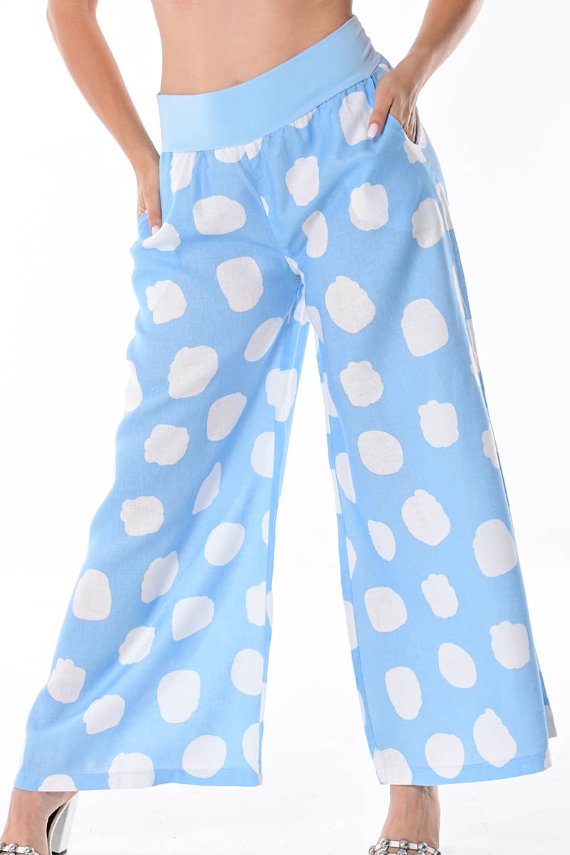 Azucar & Bohio - Wholesale Pants - Women's - Ladies Linen Wide Leg Pants Polka-Dot Print/Cloud by AZUCAR3