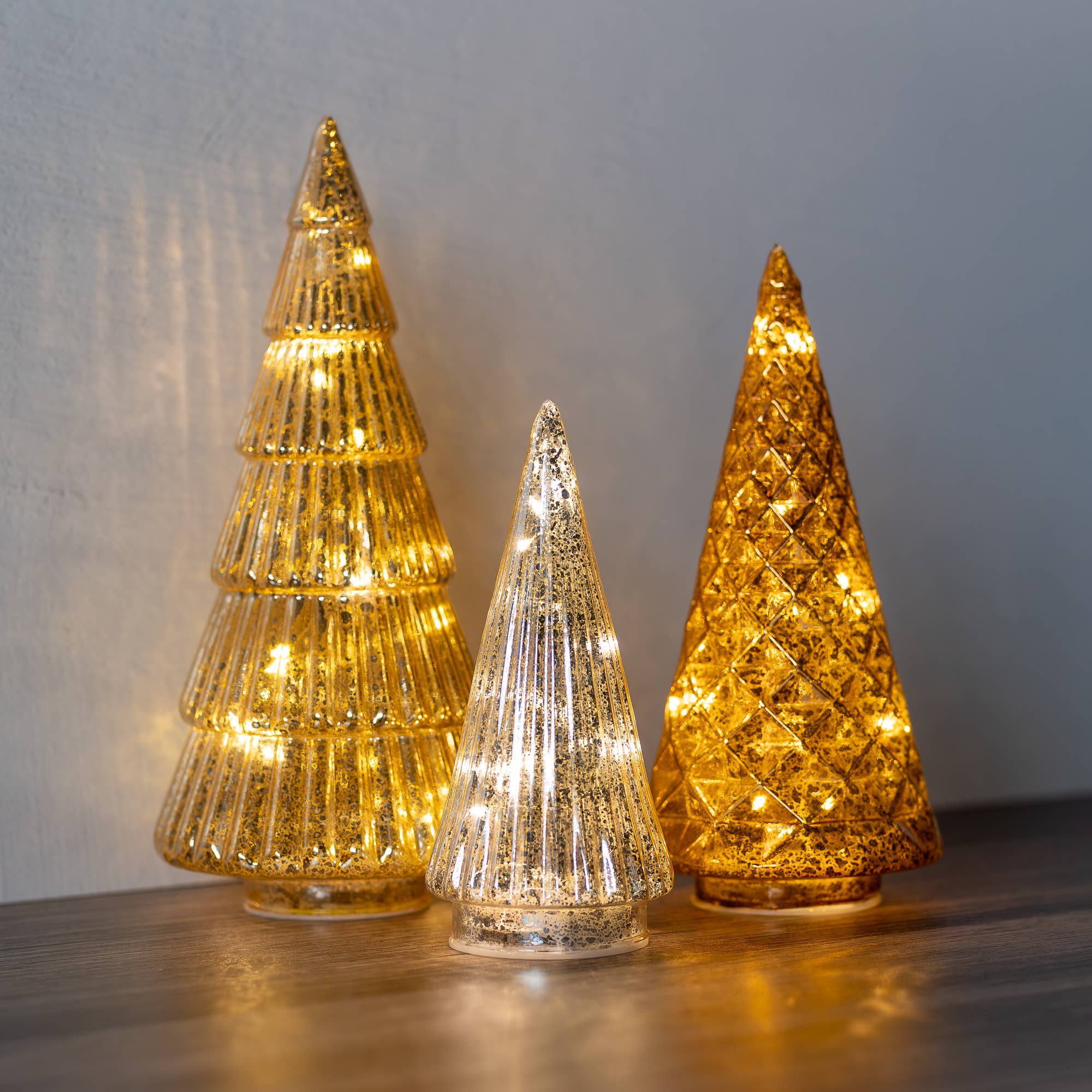 LumaBase - Wholesale Christmas Decoration - Battery-Operated Gold, Bronze & Silver Glass Trees, 3ct1