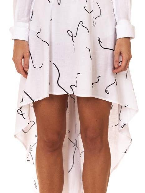 Lizzy White W/Black Squiggles Asymmetrical Skirt for wholesale by Ears Of Buddha