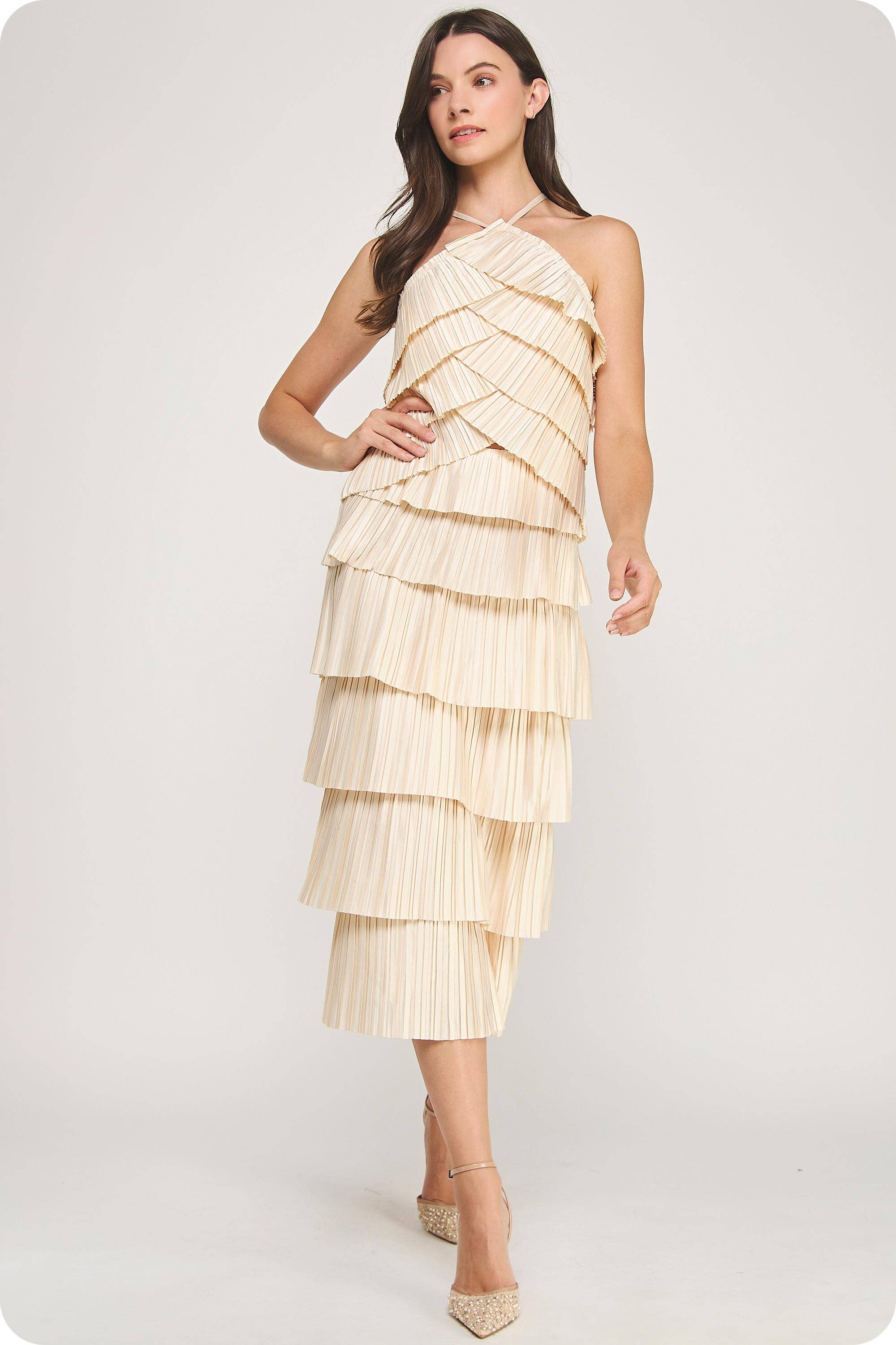 Strut & Bolt - Wholesale Skirt - Women's - Pleated Satin Tiered Midi Skirt4