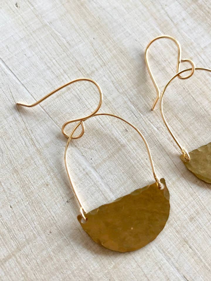 Small hammered brass half circles and hoop earrings for wholesale by Rising Dawn Boutique