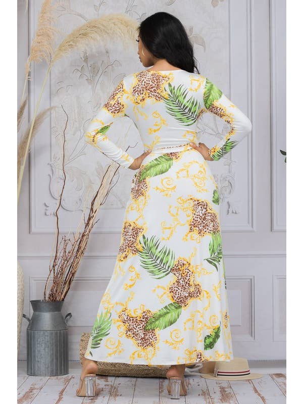H&H Fashion Inc. - Wholesale Dress - Women's - SAN149X-PLM - Leopard Palm Print Long Sleeve Maxi Dress