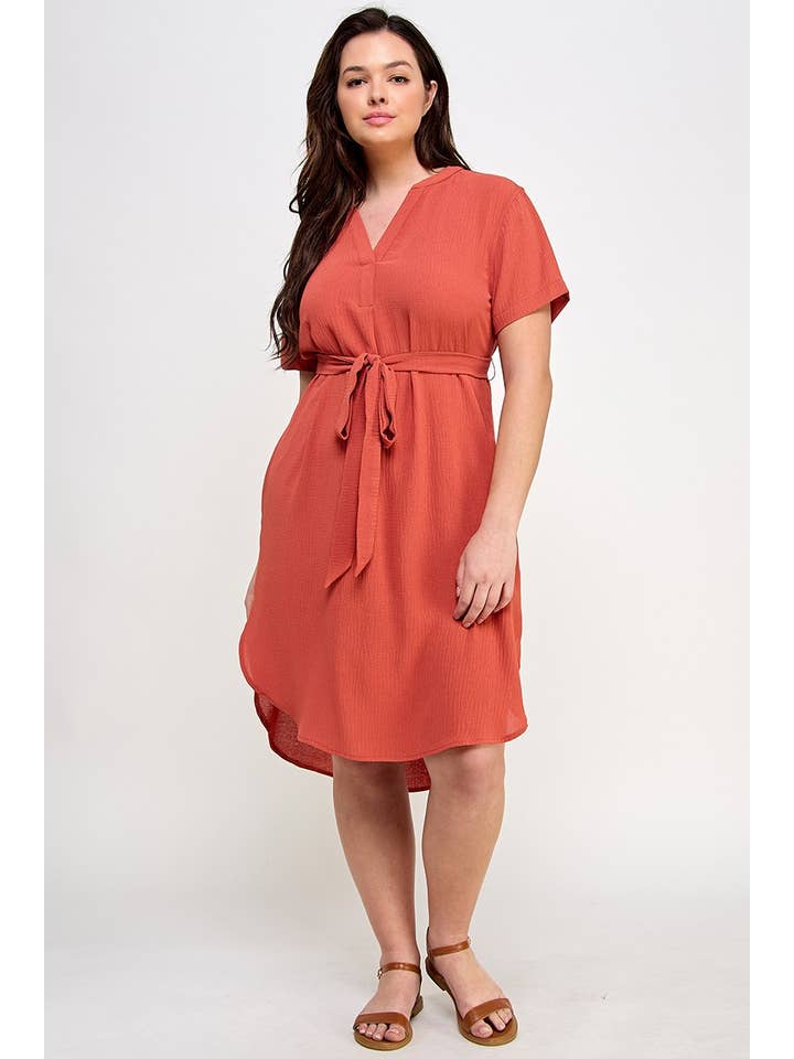 Haute Fox Plus Size & Contemporary - Wholesale Dress - Women's - Plus Size Midi V-Neck Waist Tie Dress SS2352P-D