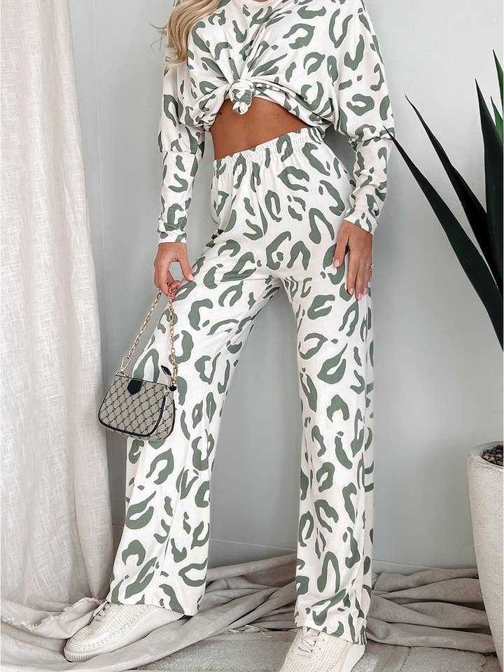 Beige Leopard Top and Pants Loungewear Set for wholesale on Faire