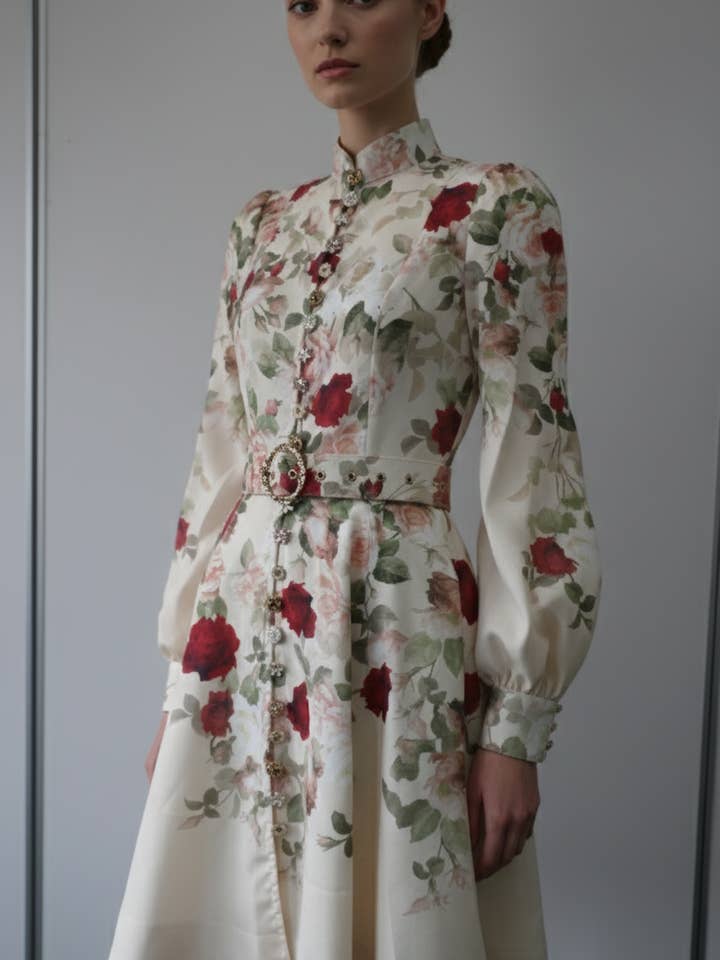 Bloemenjurk met knoopsluiting en ceintuur voor wholesale door ELPPIS US