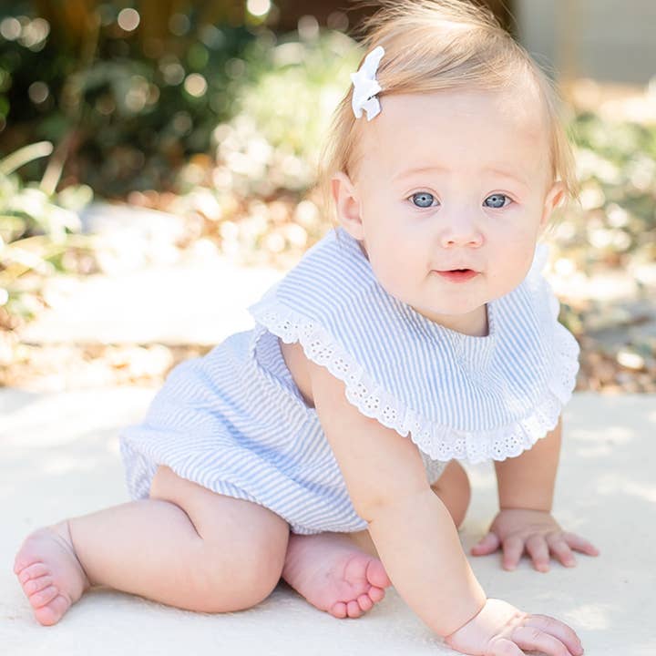 Classic Light Blue Seersucker Collared Baby Bubble Romper for wholesale by Lil Cactus