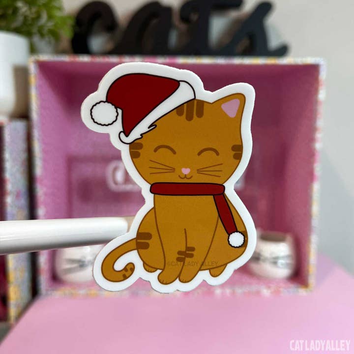 Cat Lady Alley - Wholesale Sticker - Orange Tabby Cat Sticker (Holiday Version)1