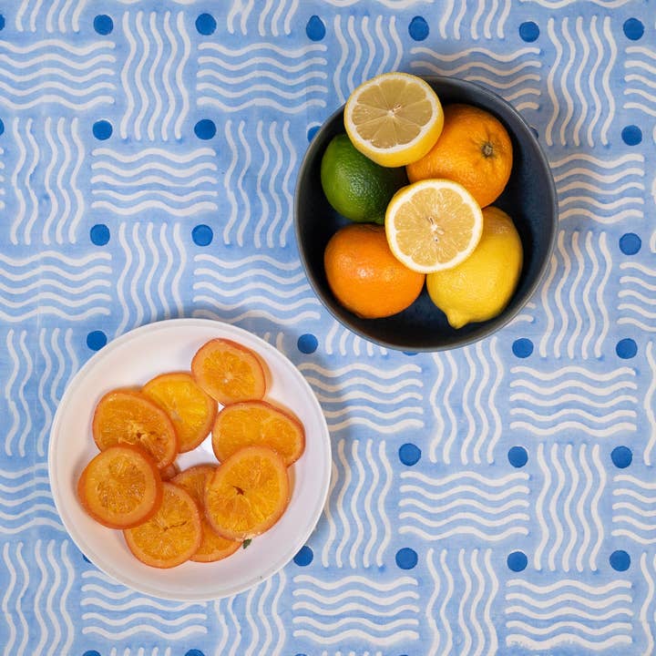 Block Print Tablecloth in Blue Squiggle for wholesale by Supra Endura