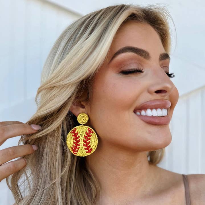 Live Love Gameday® - Wholesale Dangle Earrings - Round Beaded Softball Yellow/Red Earrings