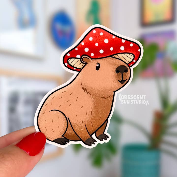Adesivo Capibara, Adesivo Carino di Roditore Fungo per la vendita all'ingrosso da parte di Crescent Sun Studio