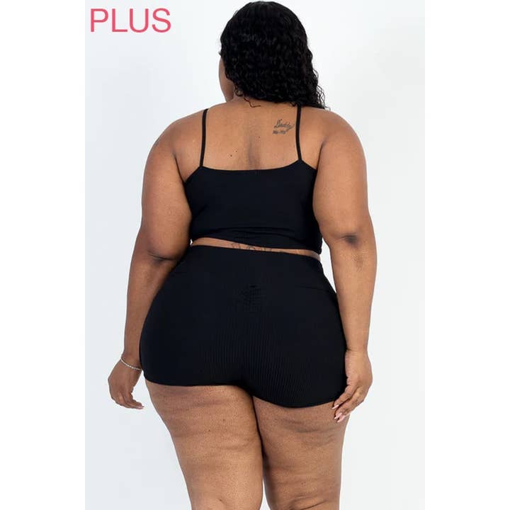 Timeless - Wholesale Lounge Set - Women's - Plus Size Ribbed Cami Crop Top and Ruched Shorts Set1