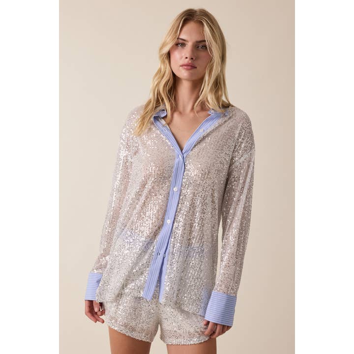 SEE-THROUGH SEQUIN&STRIPE COLLARED PARTY SHIRT for wholesale by Sky to Moon
