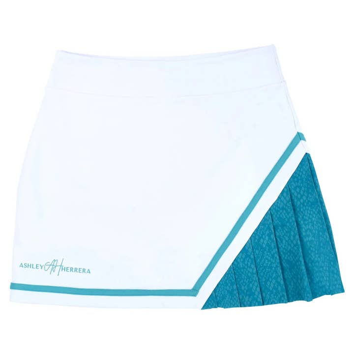 Women’s White & Teal Pleated Active Skort – Golf, Tennis & Pickleball Skirt for wholesale by Ashley Herrera Luxury Activewear
