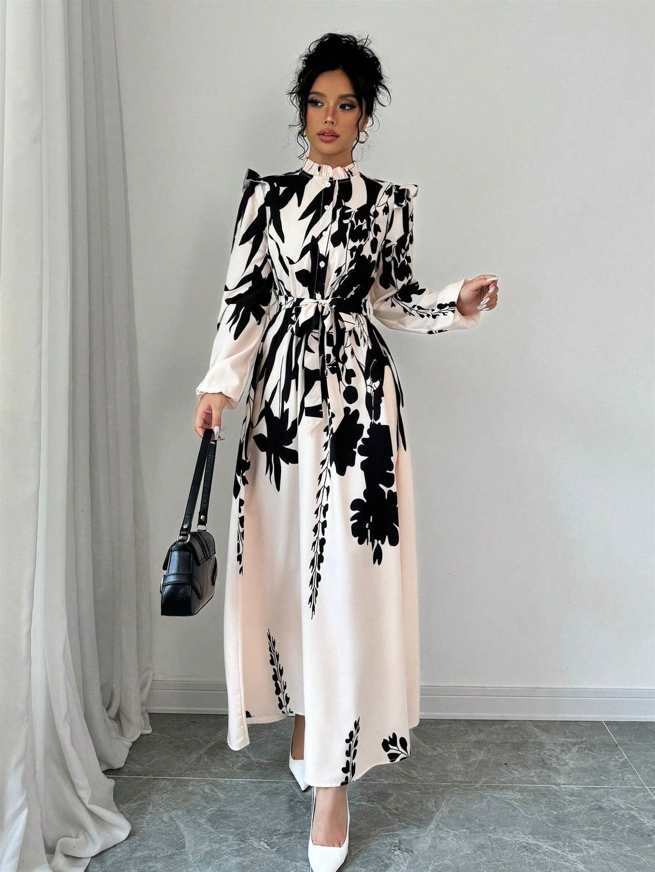 VividLux - Wholesale Dress - Women's - Long Sleeves Floral Printed Waist Cinched Maxi dress