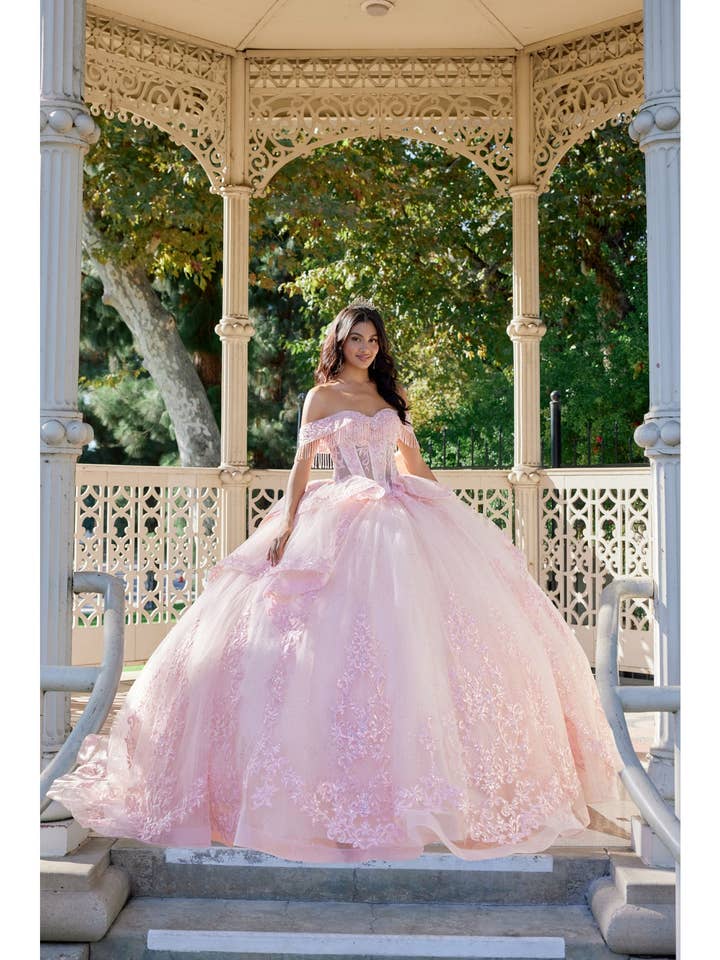 STRAPLESS BALL GOWN WITH FLORAL LACE APPLIQU for wholesale by Juliet