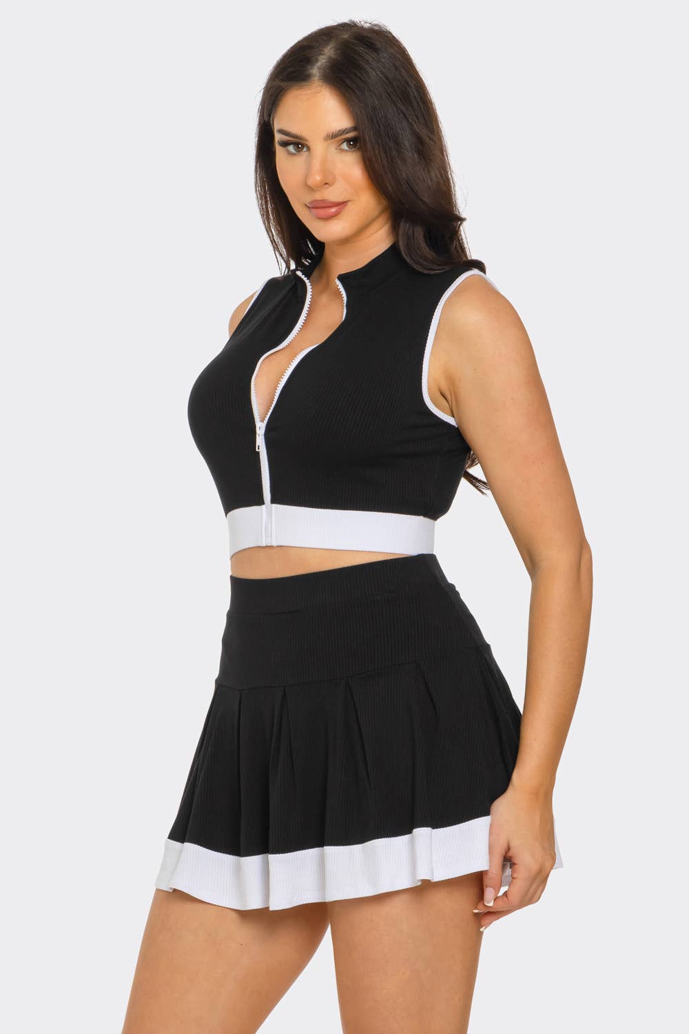 Julia by LoveJ - Wholesale Top & Skirt Set - Women's - Front Zipper Crop Top And Pleated Mini Skirt Set 11
