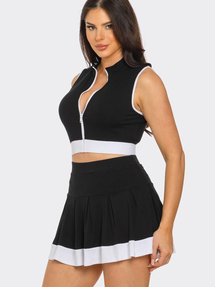 Julia by LoveJ - Wholesale Top & Skirt Set - Women's - Front Zipper Crop Top And Pleated Mini Skirt Set 11