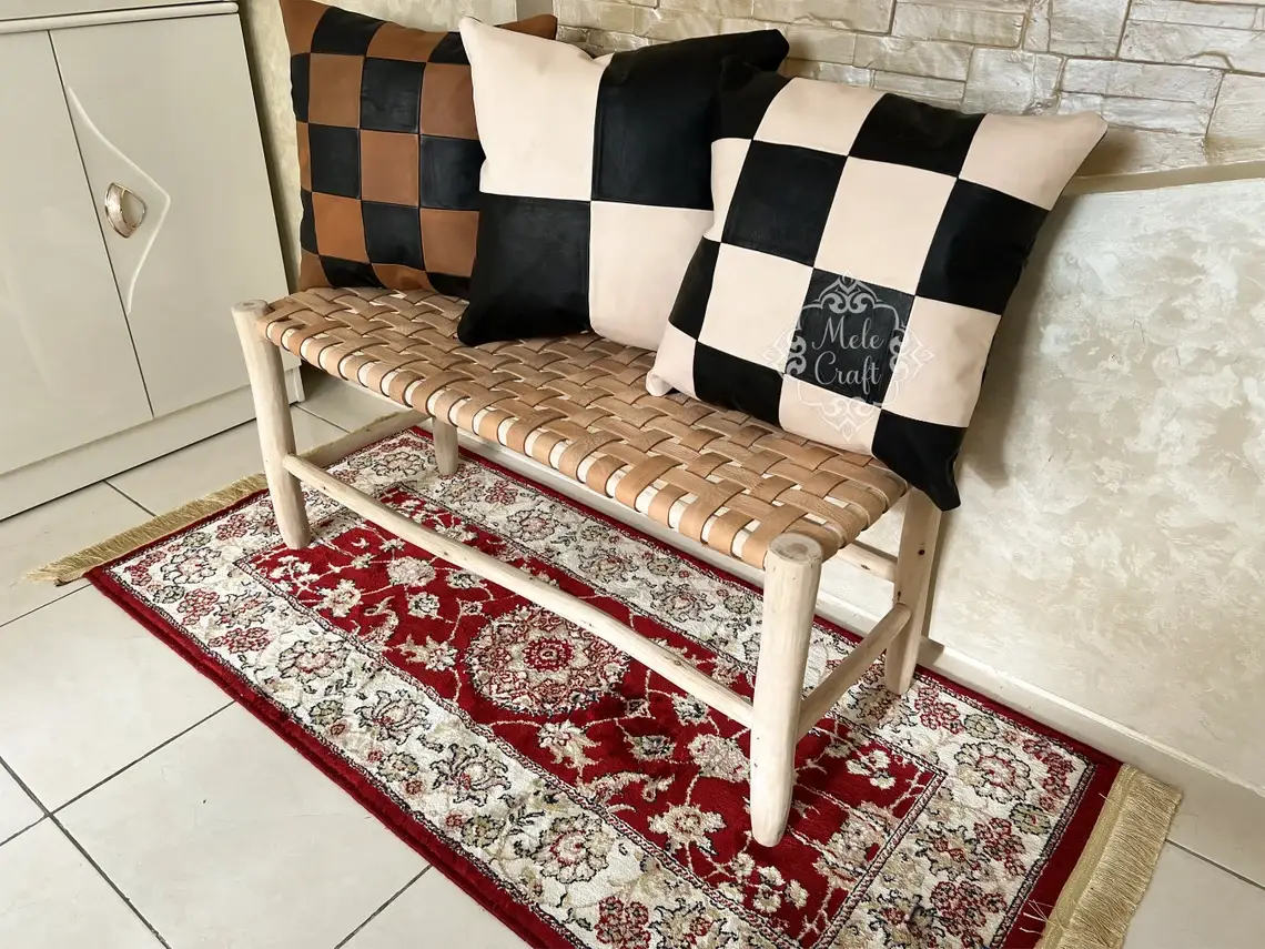 Melecraft - Wholesale Bench - Wicker Wood Leather bench, Handmade Bench, Wood Work Bench7