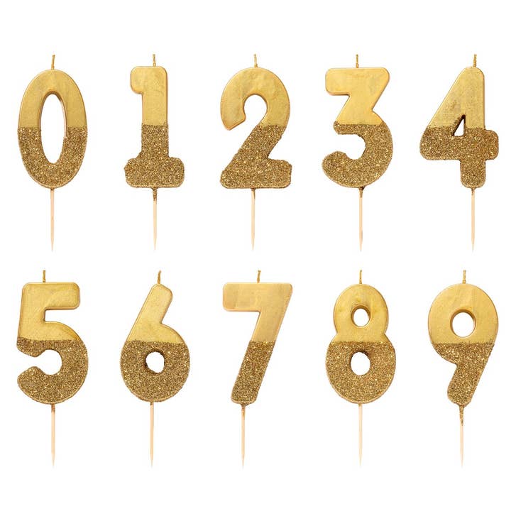 Gold Glitter Birthday Number Candles | 0-9 | Single | for wholesale by Talking Tables UK