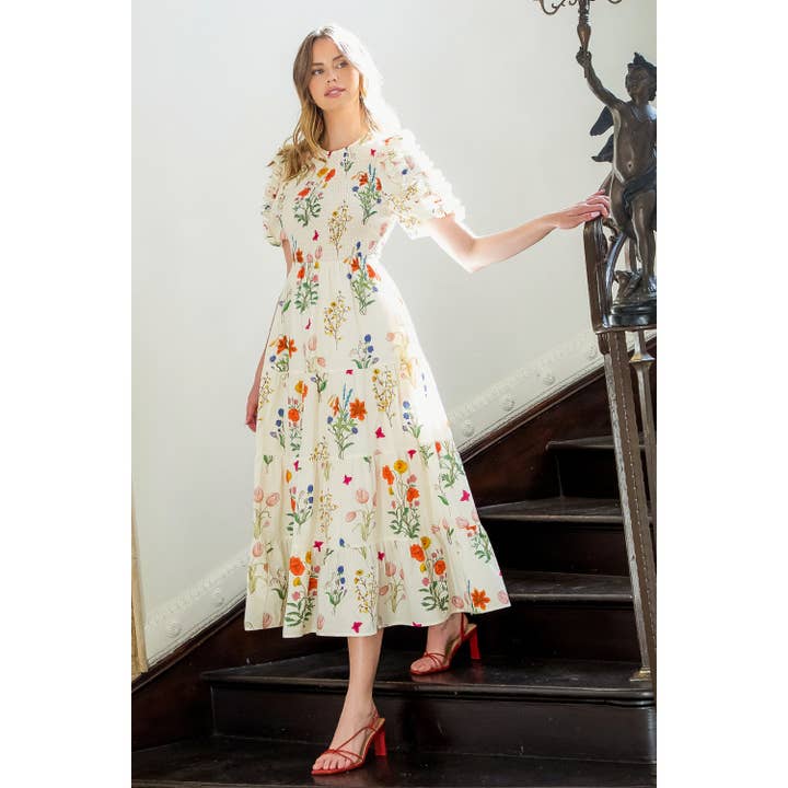 CREAM Smocked Puff Sleeve Floral Maxi Dress for wholesale on Faire