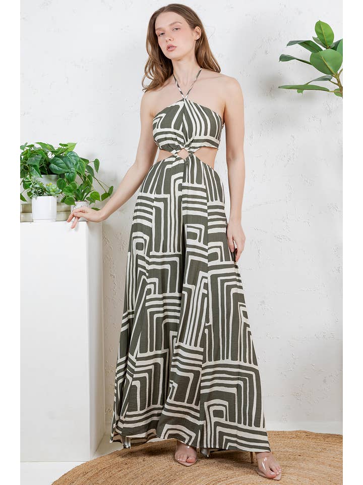 Miss Avenue - Wholesale Jumpsuit - Dames - DM4099 GEDRUKTE HALTERNEK MET OPEN RUG UITGESNEDEN JUMPSUIT