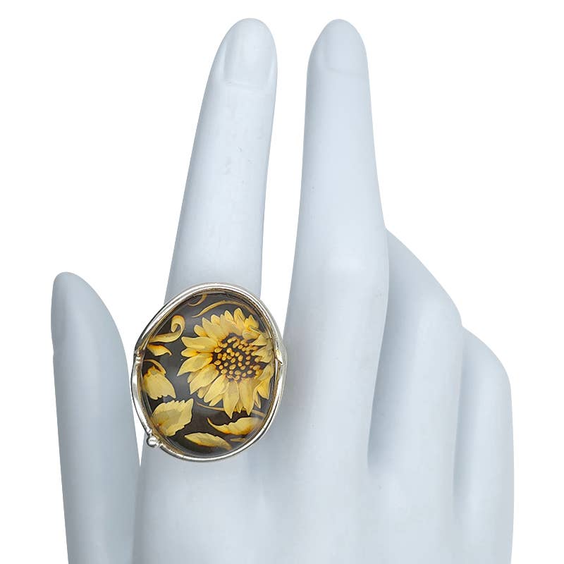 Amberman - Venta al por mayor Anillos grandes/de cóctel - Anillo Ajustable de Camafeo Ámbar Girasol3