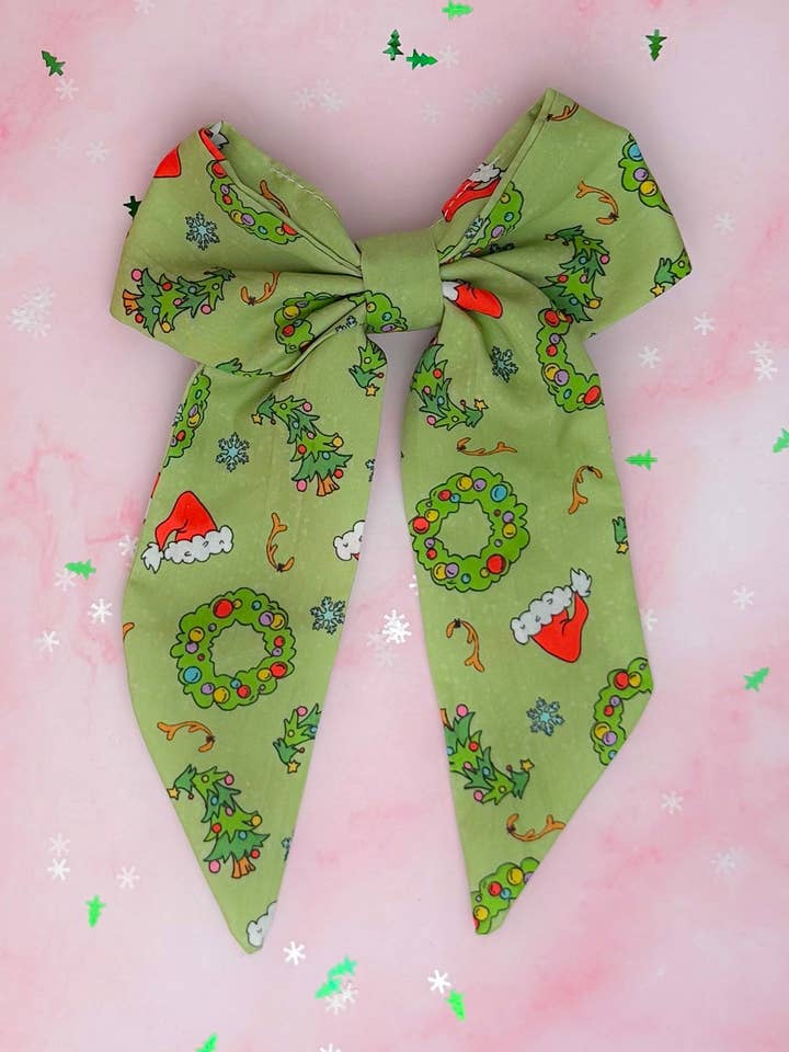 Grinchmas EXCLUSIVE LONG Hair Bow | Handmade Hair Accessories UK for wholesale by ThatsSewLauraUk