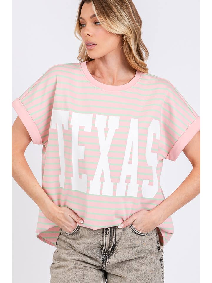 Sewn and Seen - Wholesale Screen Printed T-Shirt - Women's - TERRY STRIPED TEXSAS PRINT TOP10